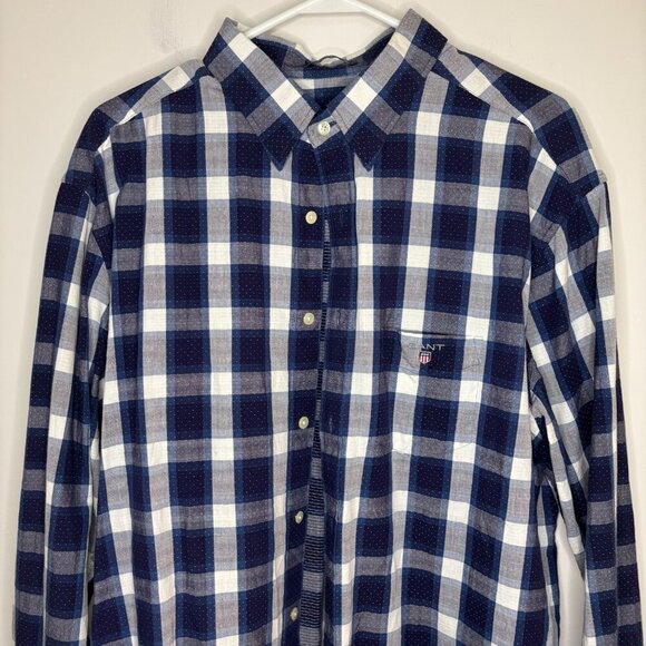 GANT Button Up Collared Shirt Men XL Dobby Plaid Regular Fit 43/44 17 Blue White - Picture 1 of 7